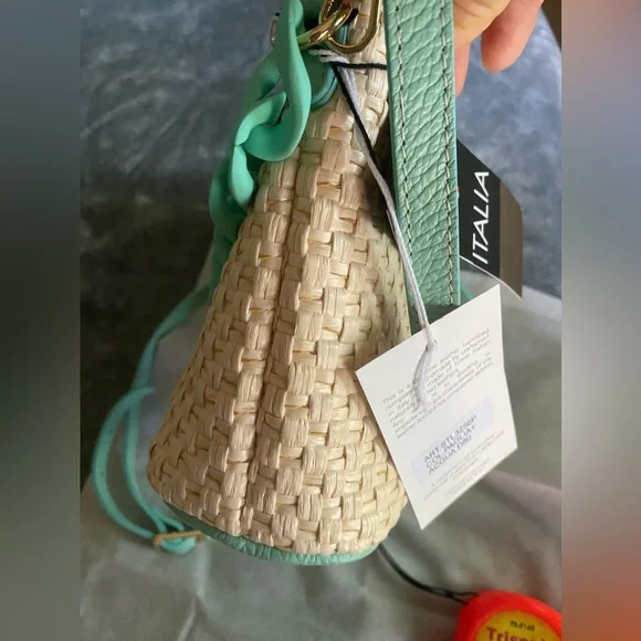 STELLA BIANCA Aqua Raffia Chain Crossbody Bag With Leather Trim Made In … - Picture 3 of 11